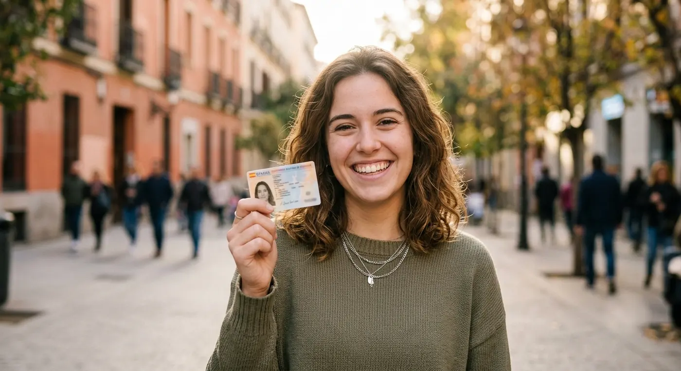 Mujer joven sonriendo en una calle de Madrid mientras muestra su documento de identidad español